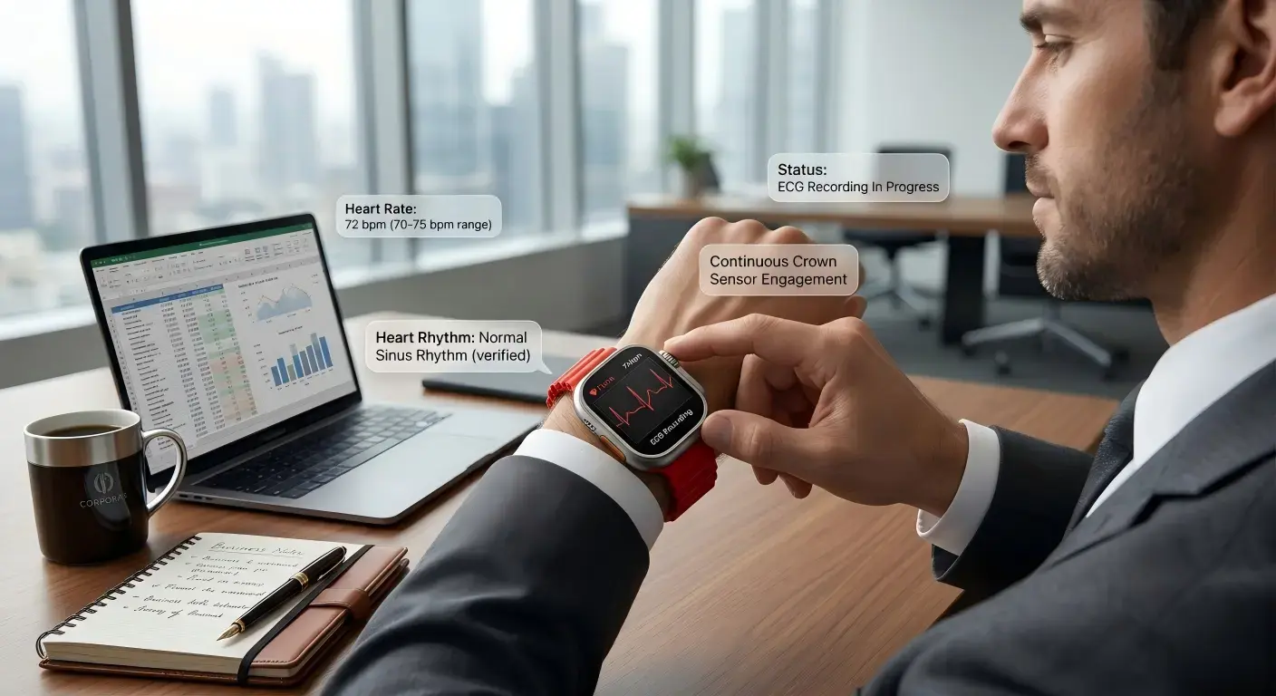 Professional using ECG smartwatch for heart rhythm monitoring Professional using ECG smartwatch for heart rhythm monitoring