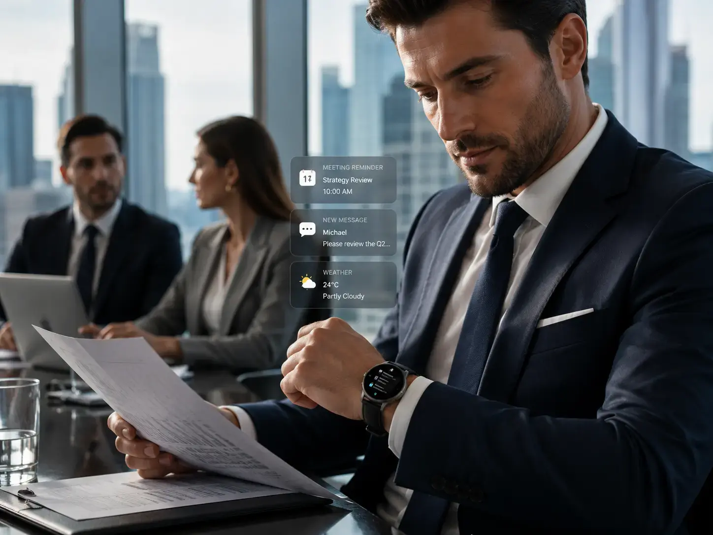 Professional businessman wearing a premium business smartwatch during an executive meeting