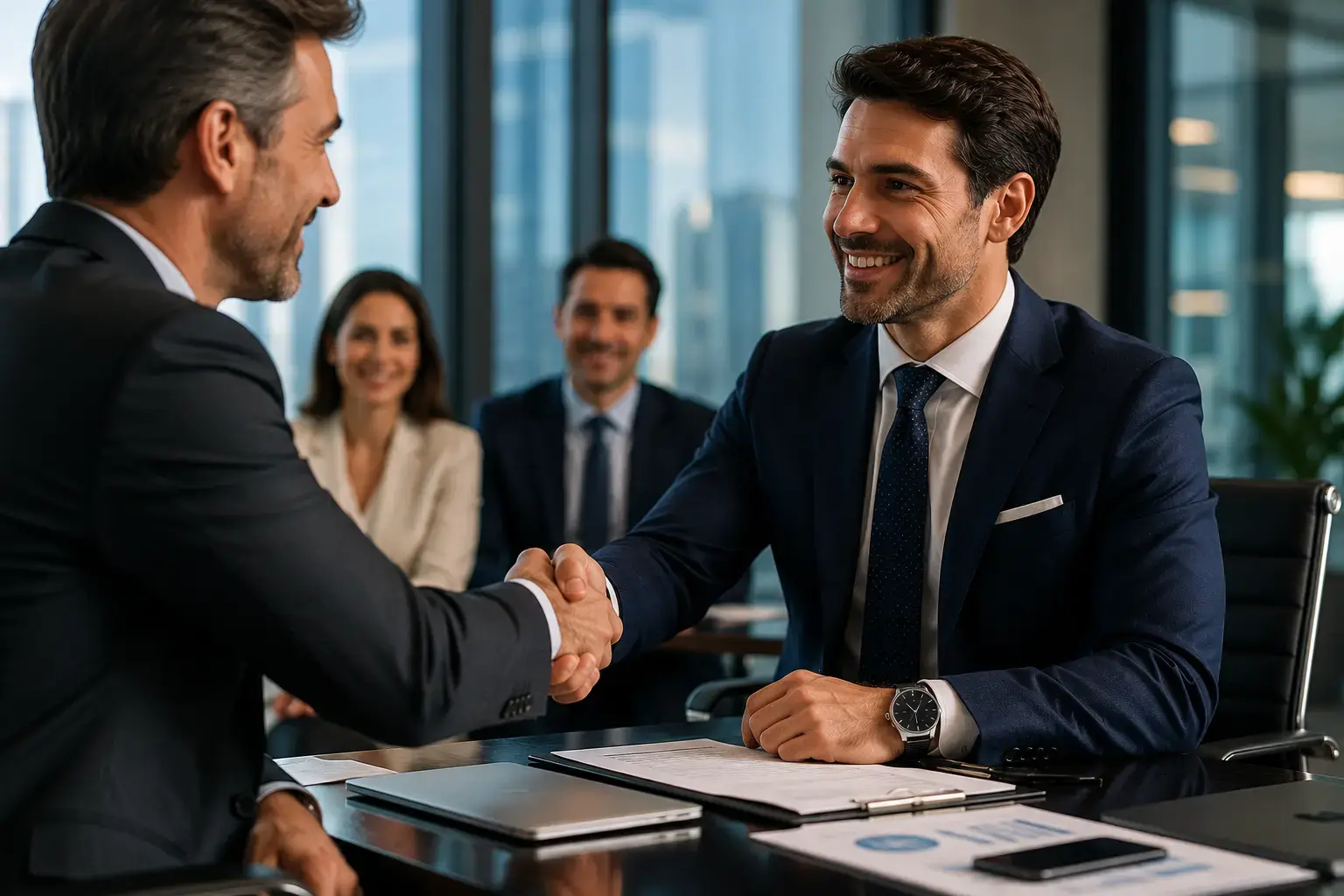 Business executive wearing a professional smartwatch during a client meeting