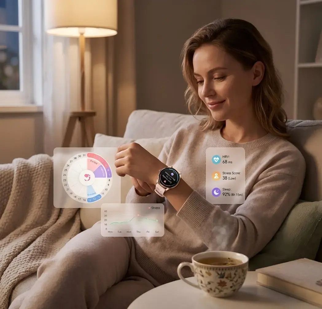 Woman tracking stress levels, HRV, and menstrual cycle data with a wellness smartwatch.