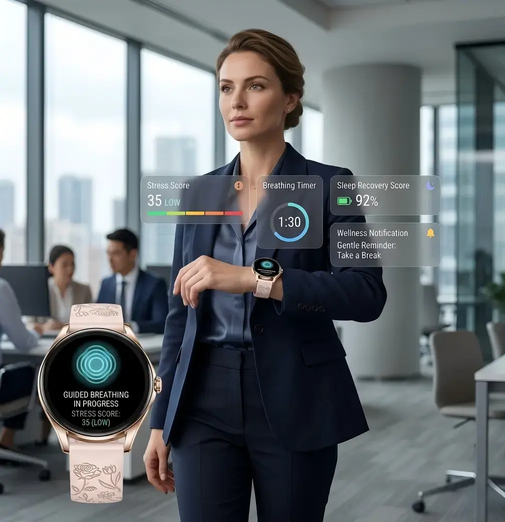 Businesswoman using a mental health smartwatch for workplace stress management and wellness tracking.