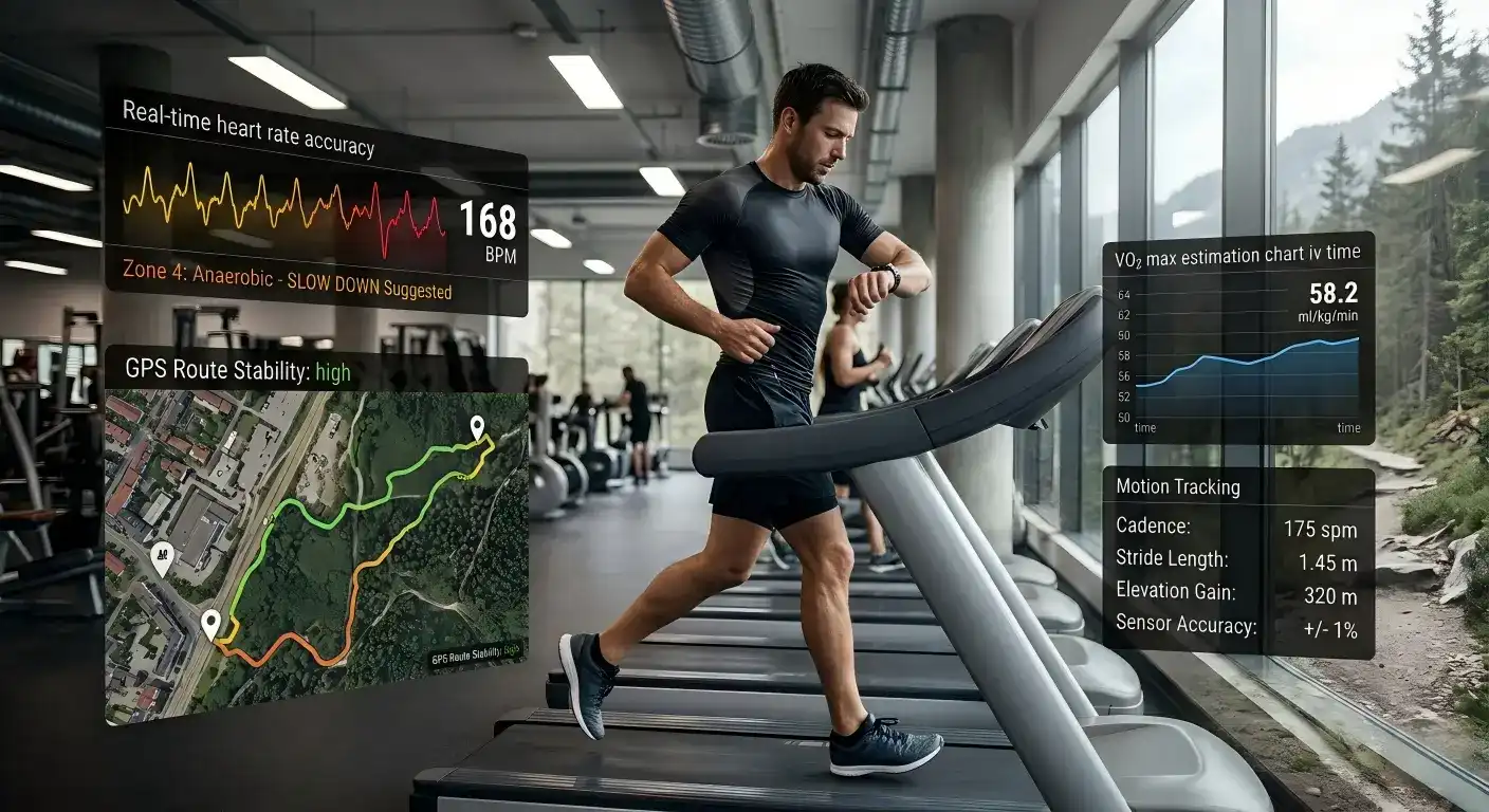 Premium smartwatch fitness training data visualization in real workout scene