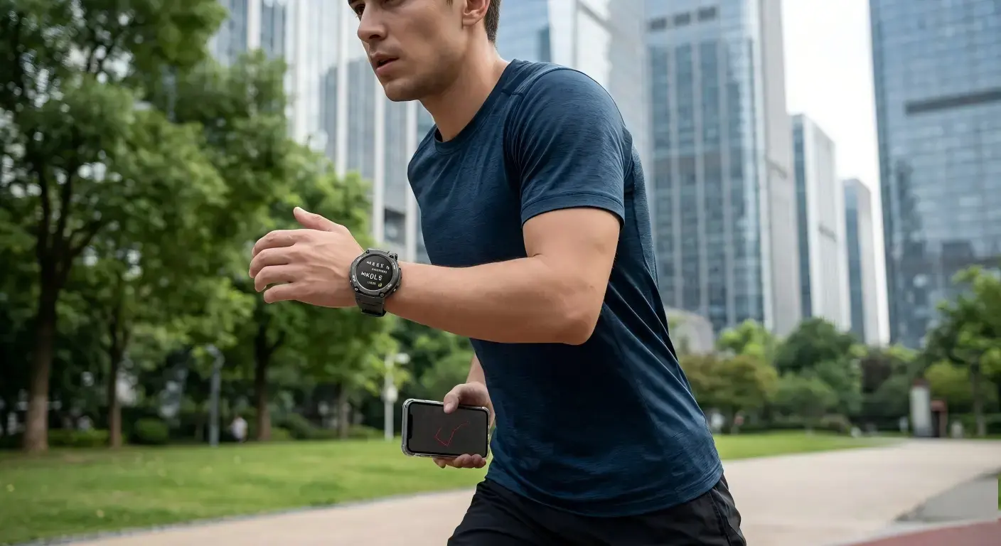 Runner using GPS smartwatch for real-time outdoor distance and pace tracking Runner using GPS smartwatch for real-time outdoor distance and pace tracking