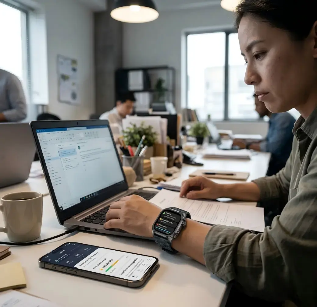Smartwatch biometric tracking showing real-time fitness performance data Smartwatch biometric tracking showing real-time fitness performance data
