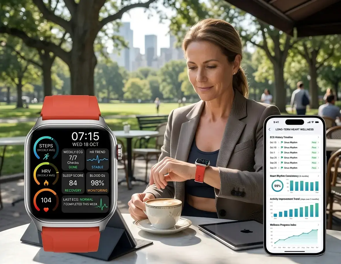 ECG smartwatch supporting long term heart health monitoring and wellness tracking ECG smartwatch supporting long term heart health monitoring and wellness tracking