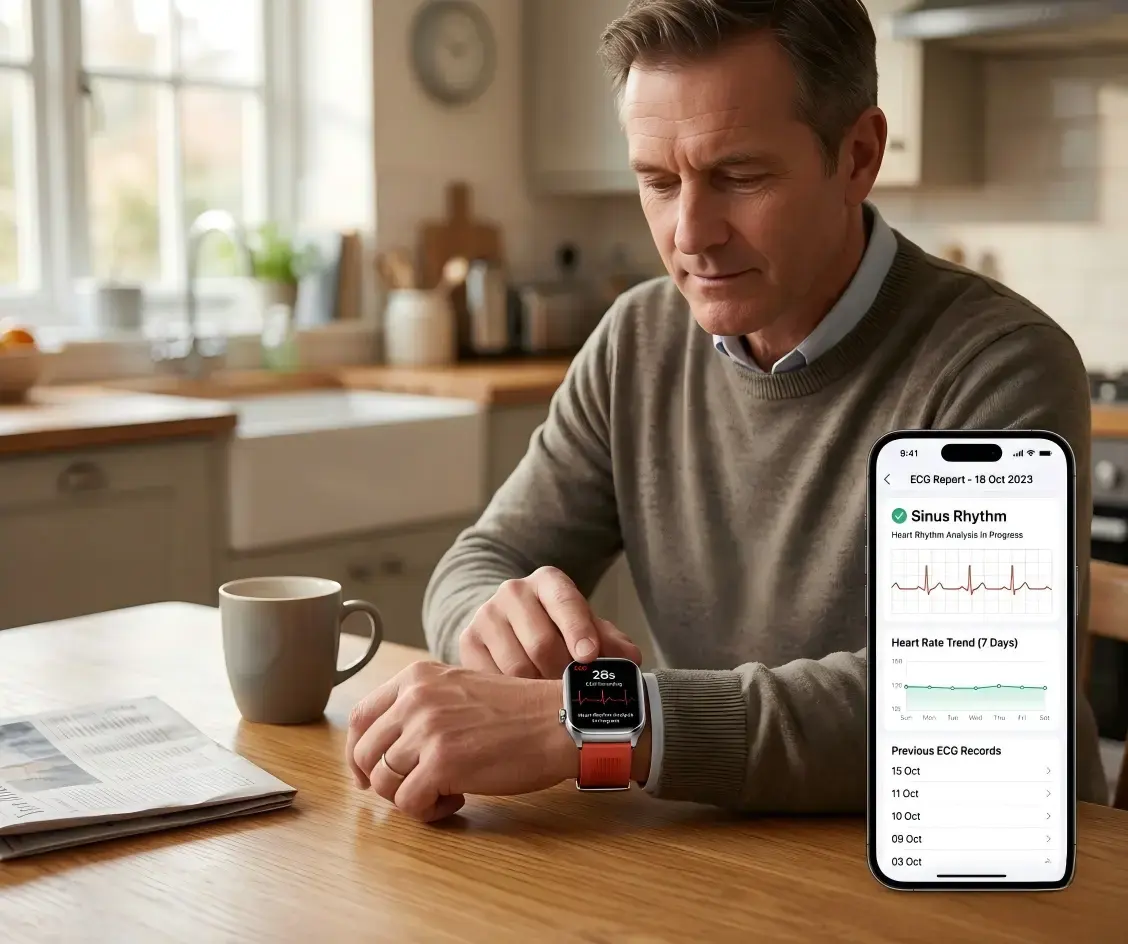 User performing ECG measurement with smartwatch at home User performing ECG measurement with smartwatch at home