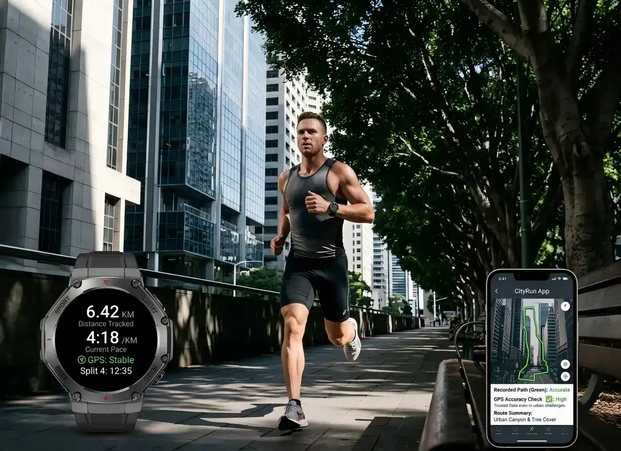 GPS smartwatch tracking route and pace in a city training run GPS smartwatch tracking route and pace in a city training run
