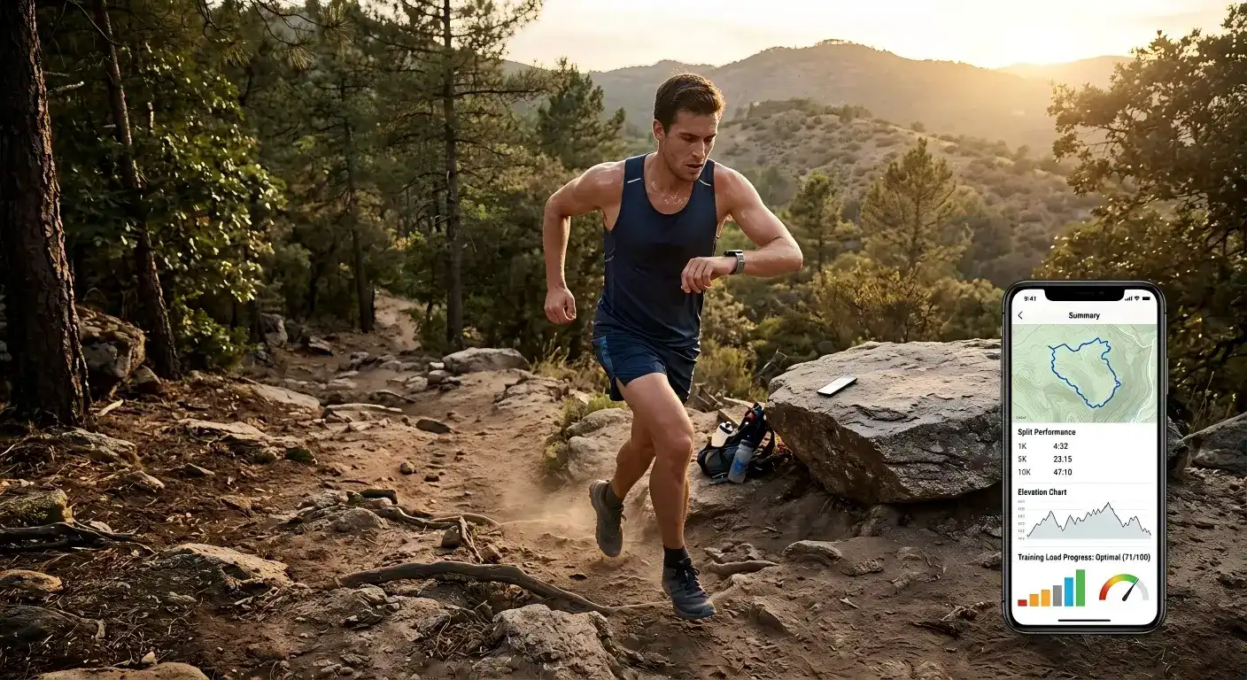 Athletic GPS smartwatch showing elevation, distance, and training progress