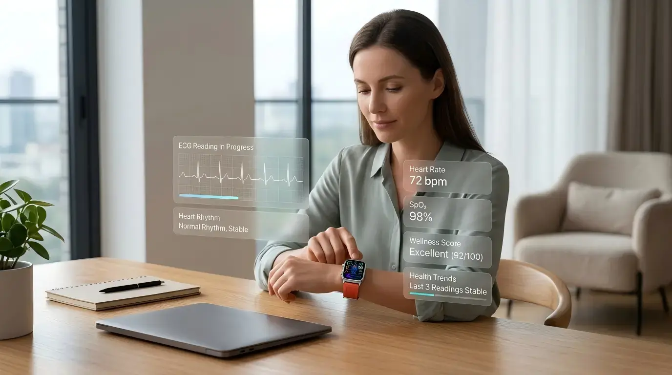 Active woman tracking fitness with ECG smartwatch.