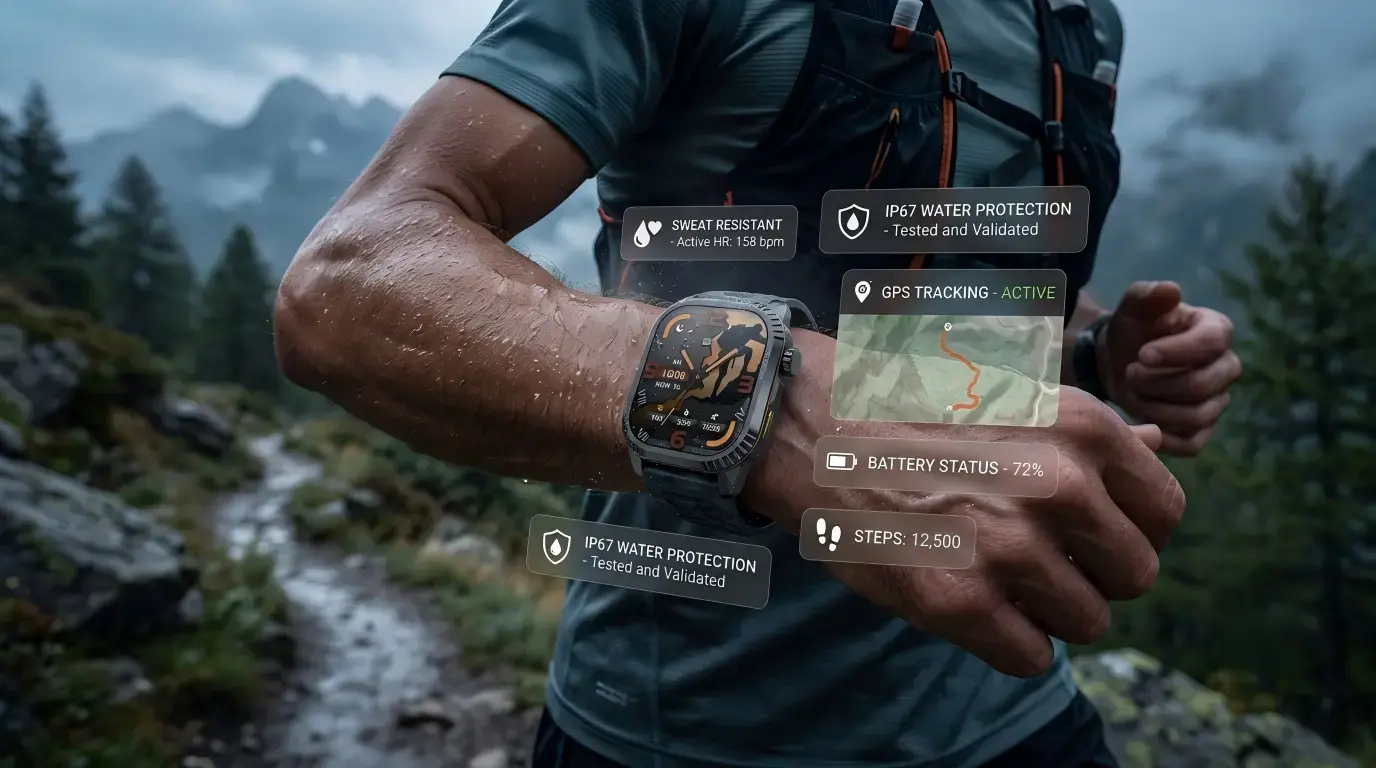 Aluminum smartwatch surviving sweat and training.
