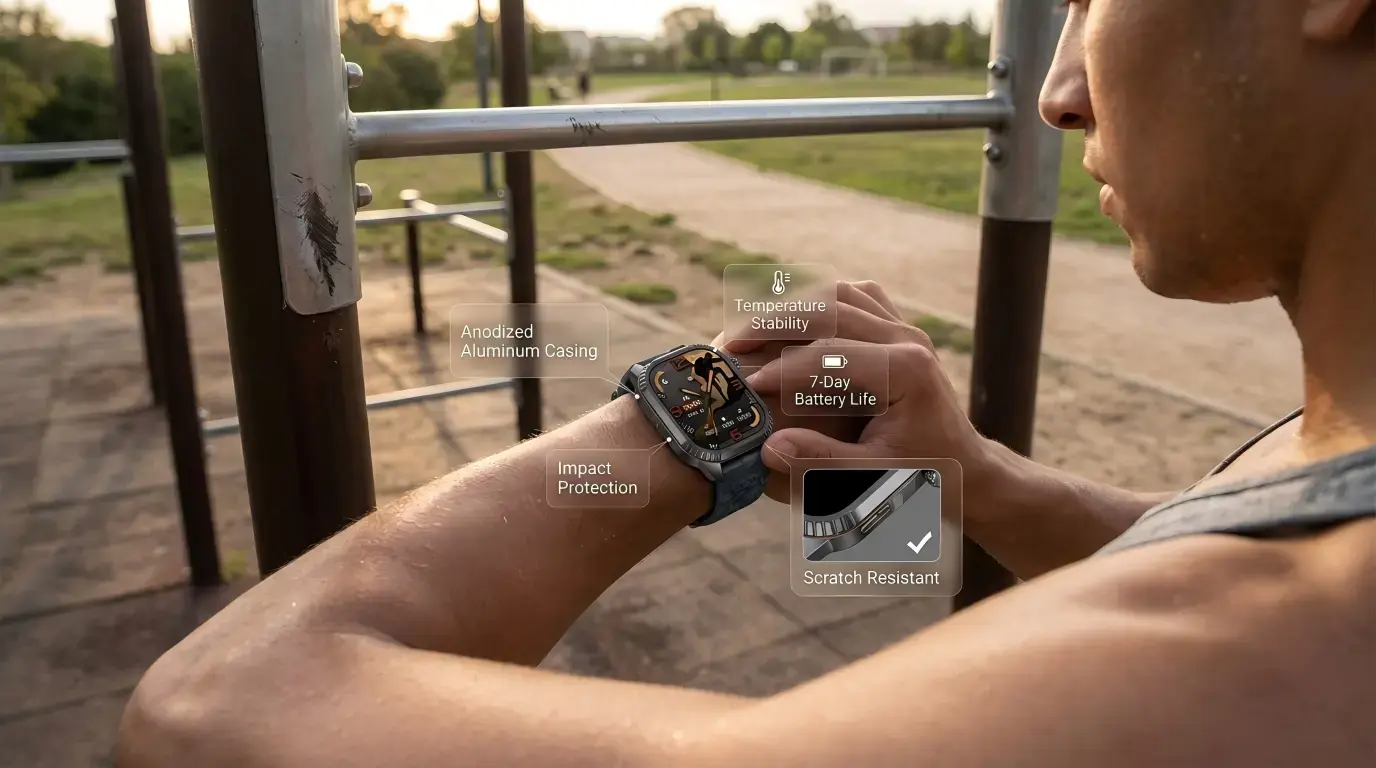 Aluminum smartwatch tested against bumps and scratches.