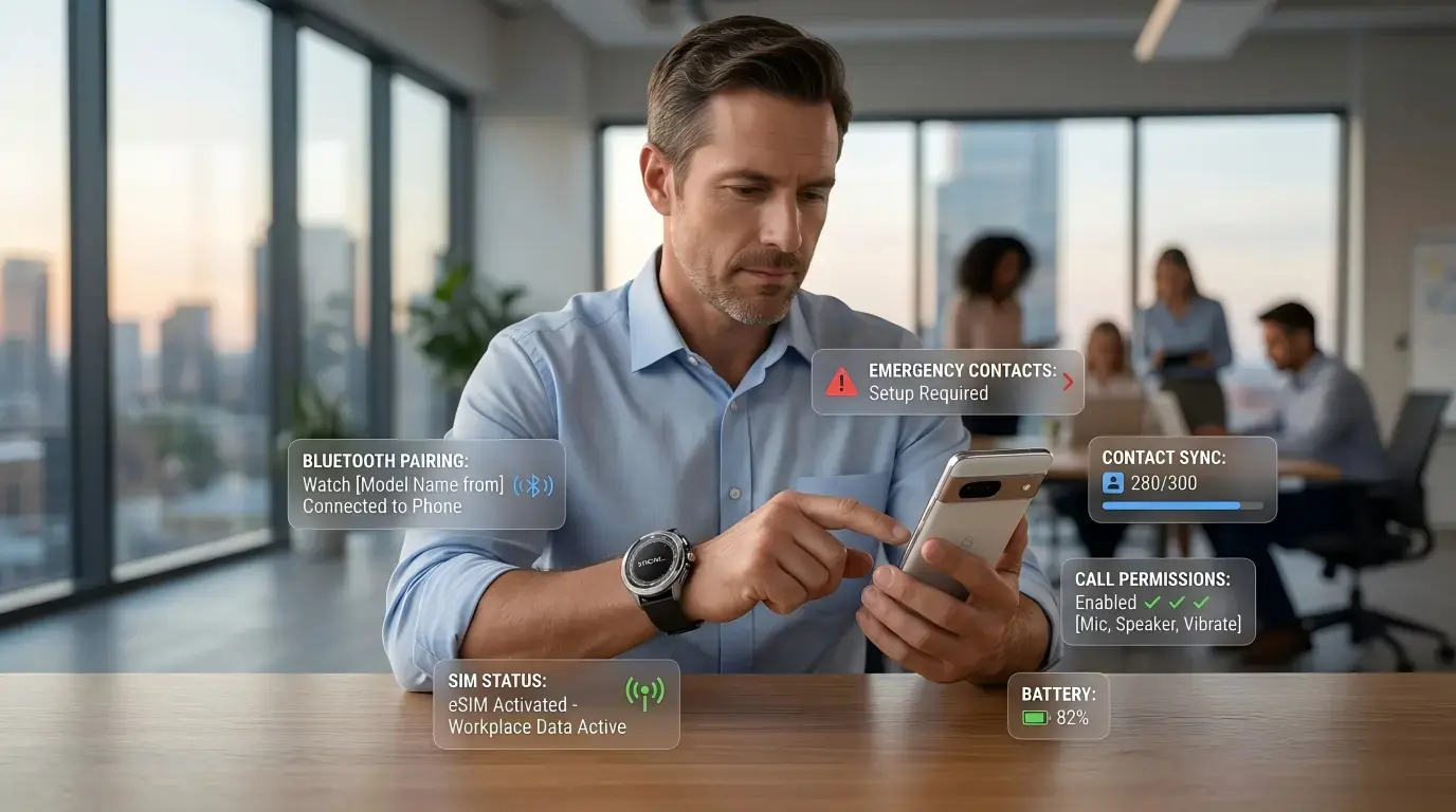 User pairing a voice call watch with a smartphone. User pairing a voice call watch with a smartphone.