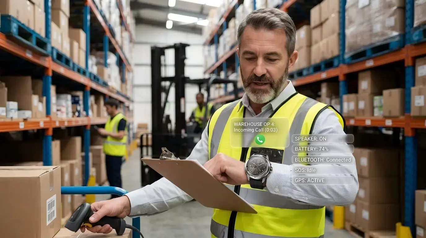 Worker using a voice call watch hands-free during work. Worker using a voice call watch hands-free during work.