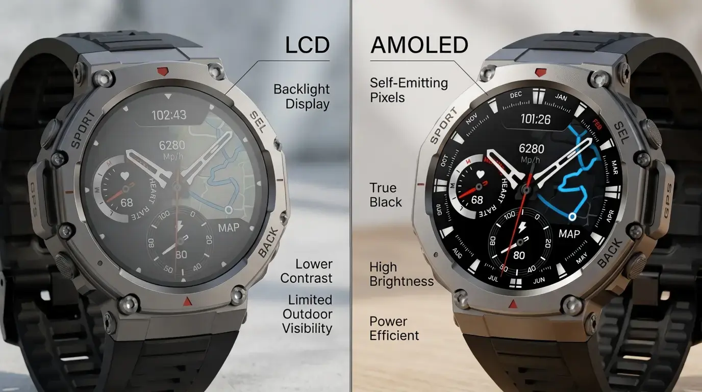 AMOLED and LCD smartwatch visibility comparison.