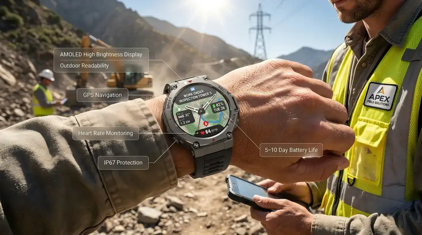 AMOLED GPS smartwatch supporting long outdoor use.