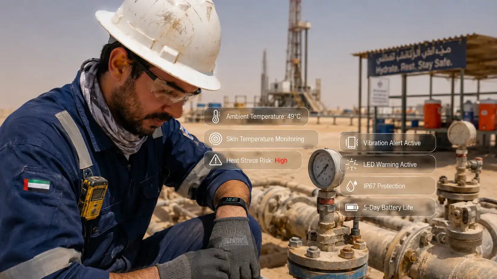 Heat warning band alerting oilfield worker.