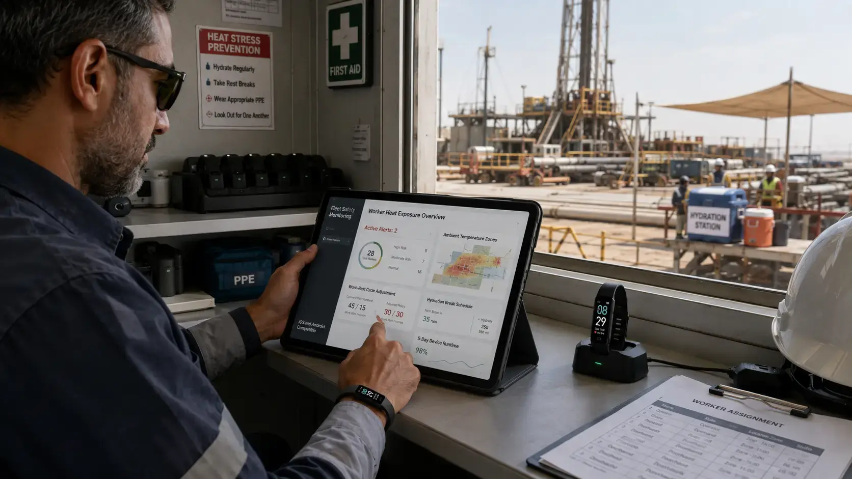 Safety manager monitoring oilfield heat exposure data.