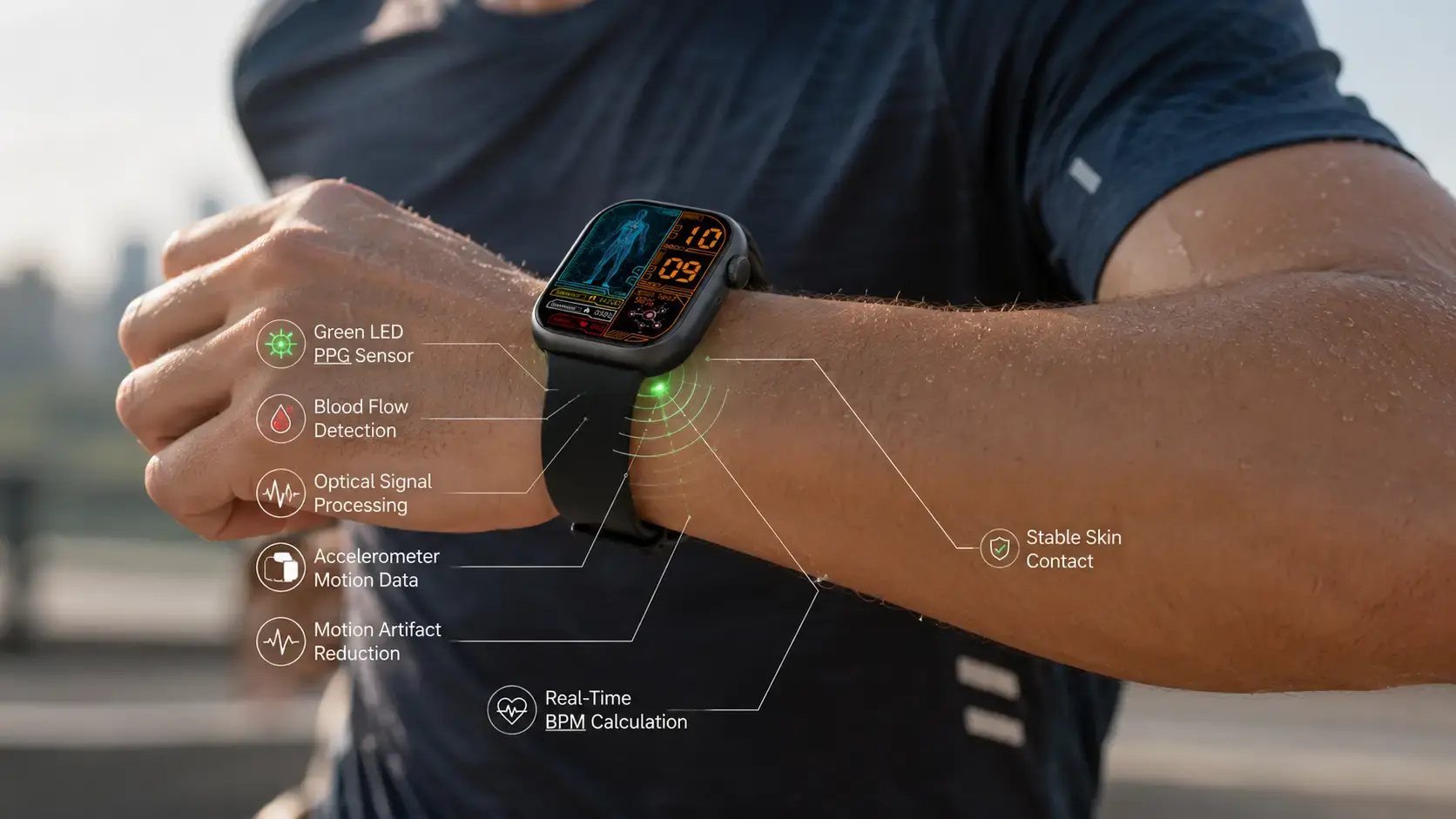 PPG smartwatch sensor measuring heart rate.