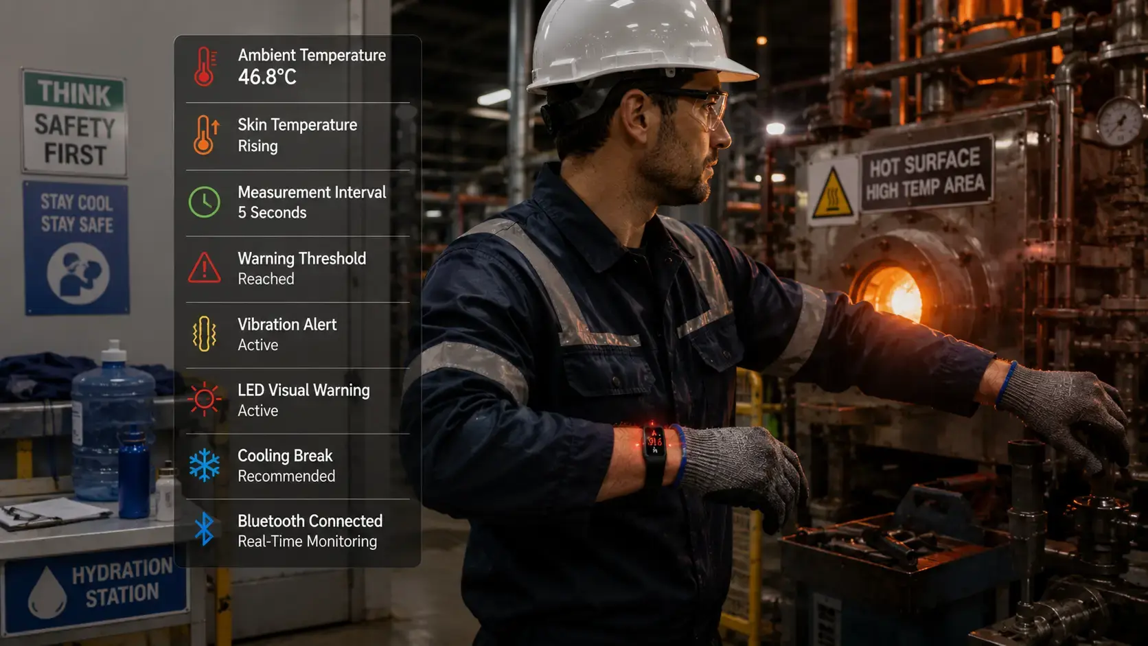 Temperature warning band alerting factory worker.