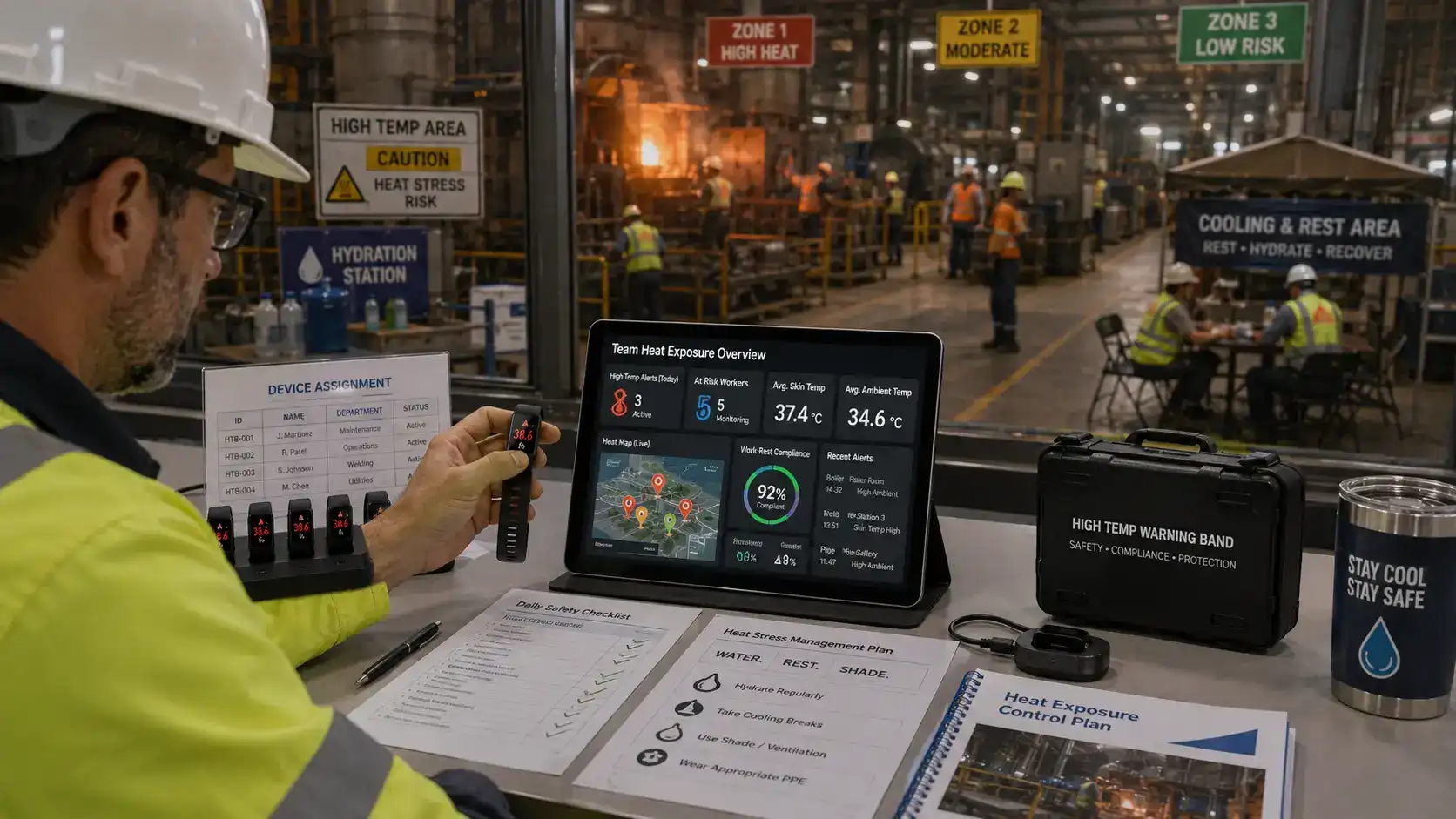 Safety manager reviewing wearable heat monitoring data.