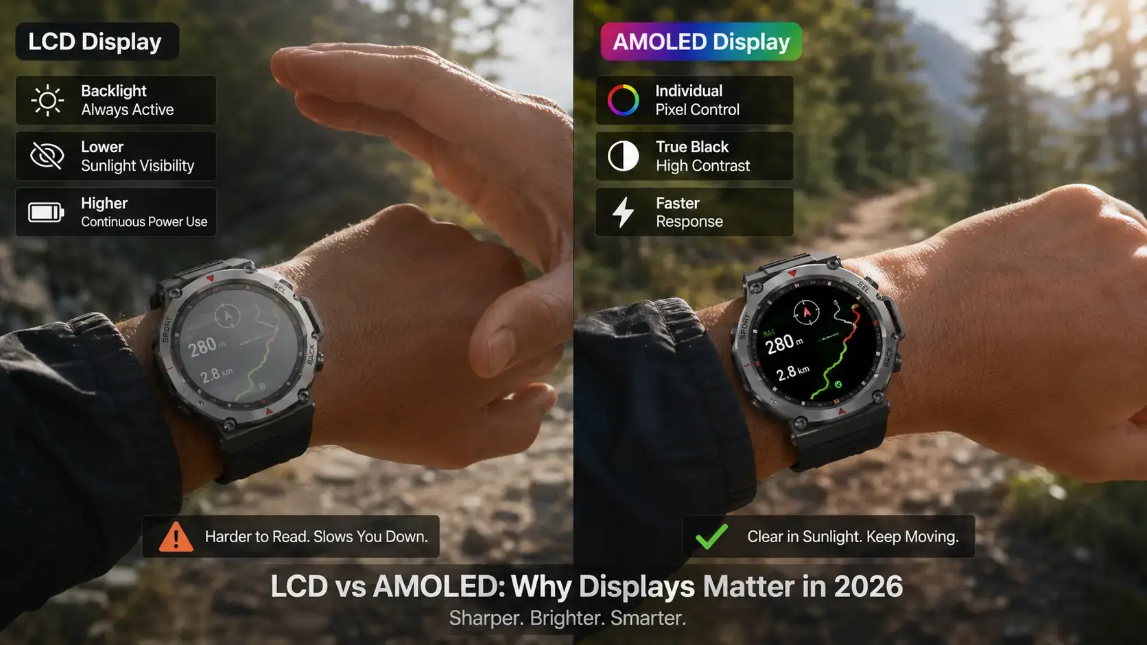 AMOLED and LCD smartwatch outdoor visibility comparison.