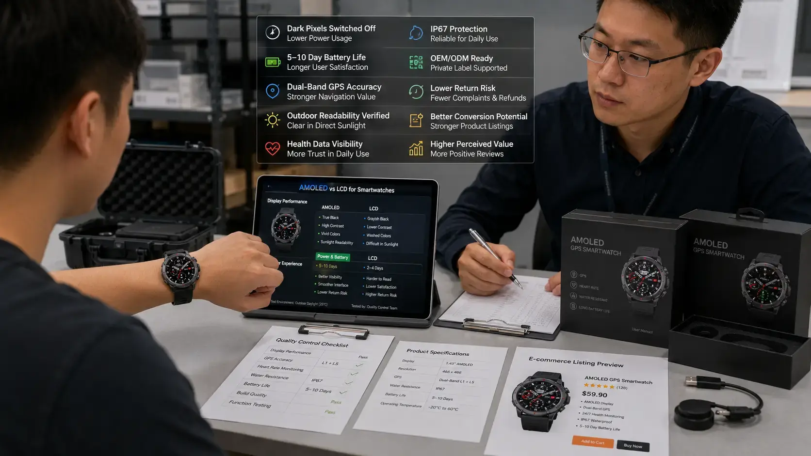 Buyer evaluating AMOLED GPS smartwatch performance. Buyer evaluating AMOLED GPS smartwatch performance.
