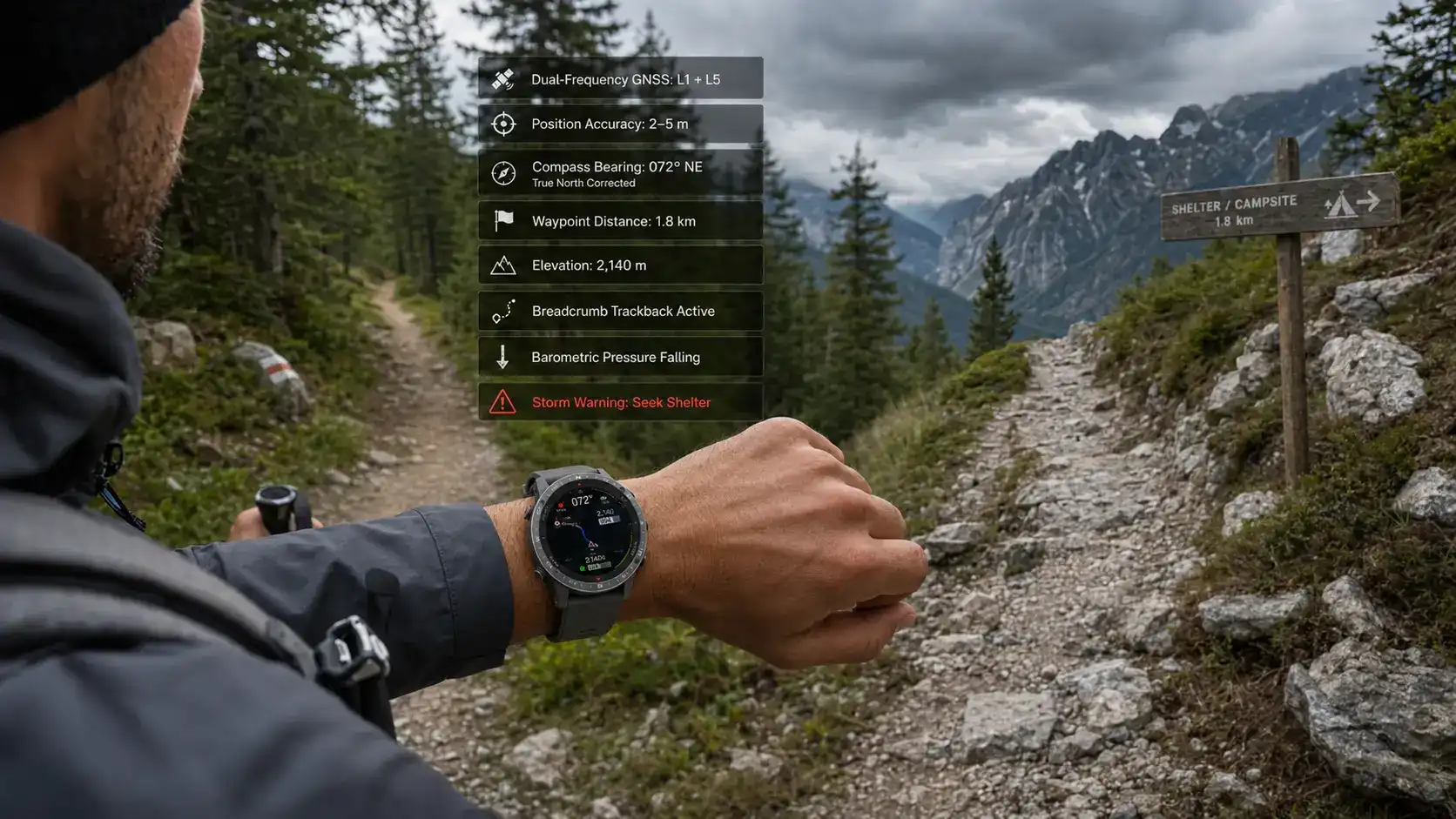 Rugged smartwatch providing GPS and compass navigation. Rugged smartwatch providing GPS and compass navigation.
