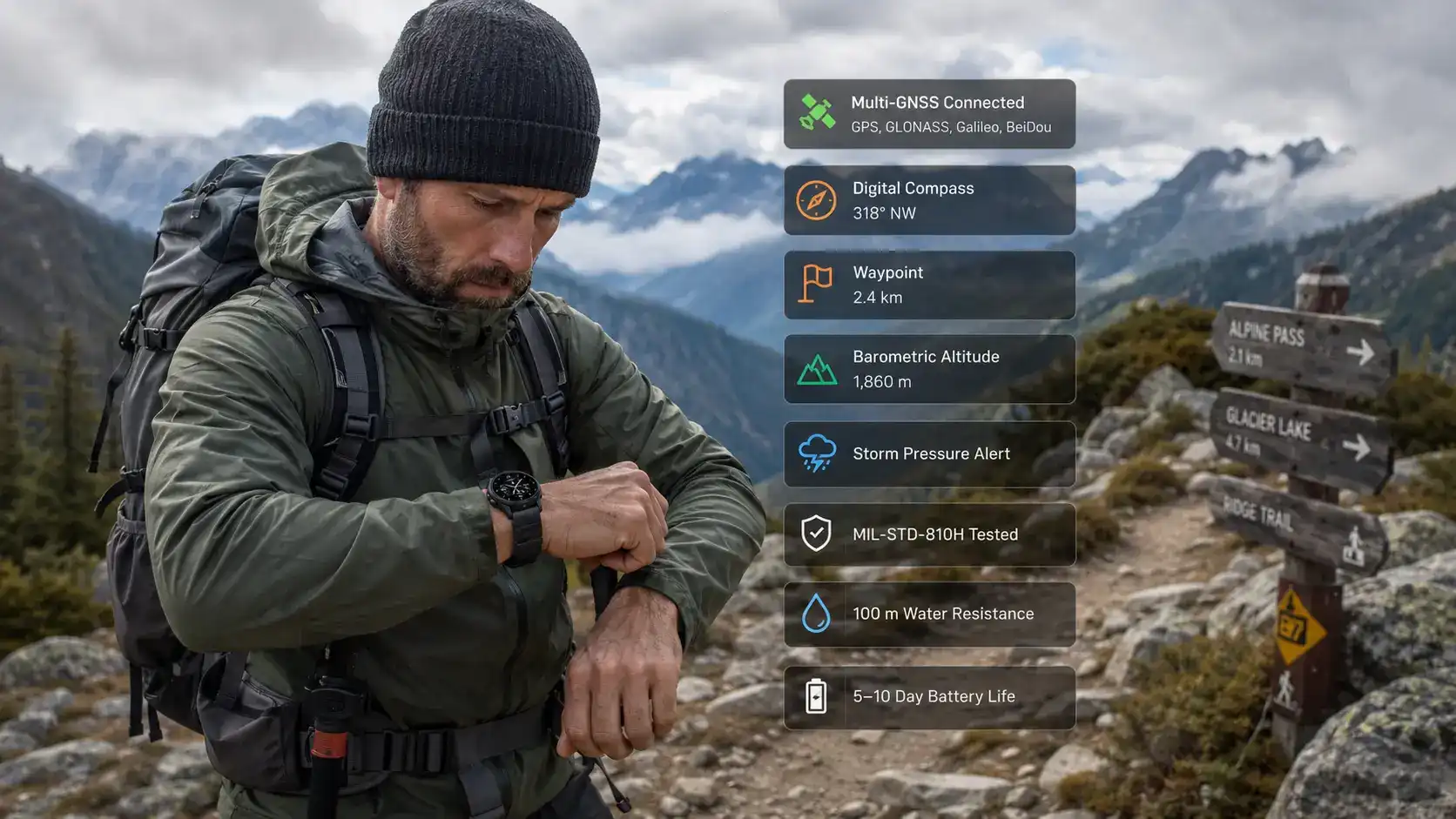 Rugged smartwatch tested in wet mountain conditions.