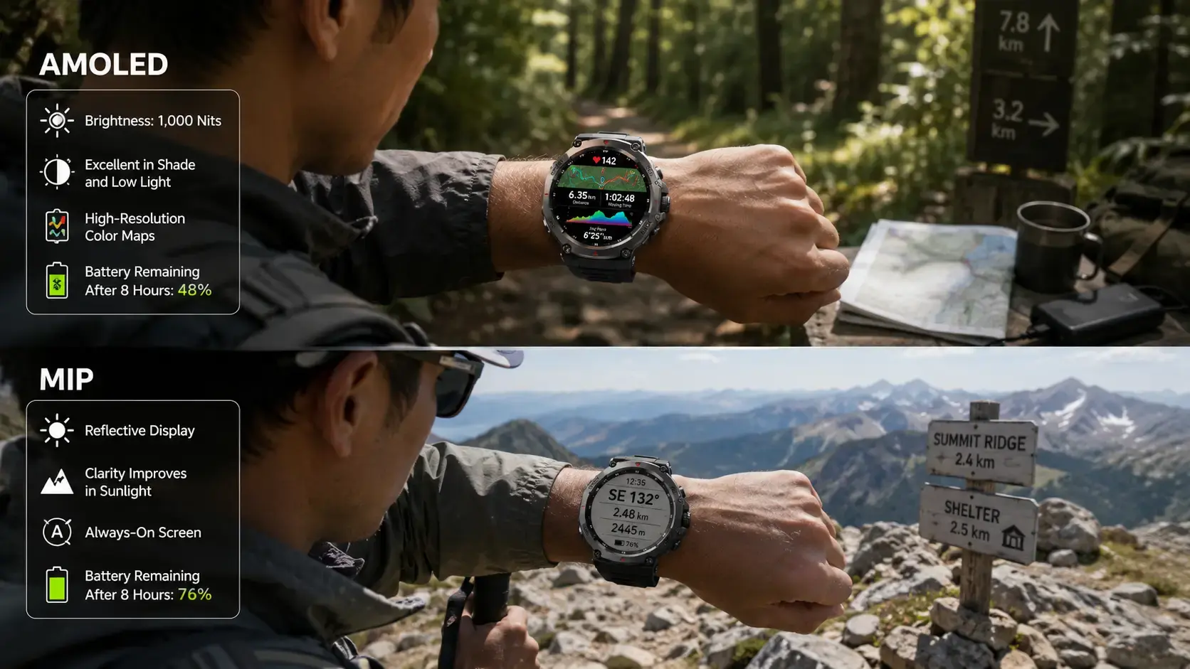 AMOLED and MIP screen readability during hiking. AMOLED and MIP screen readability during hiking.