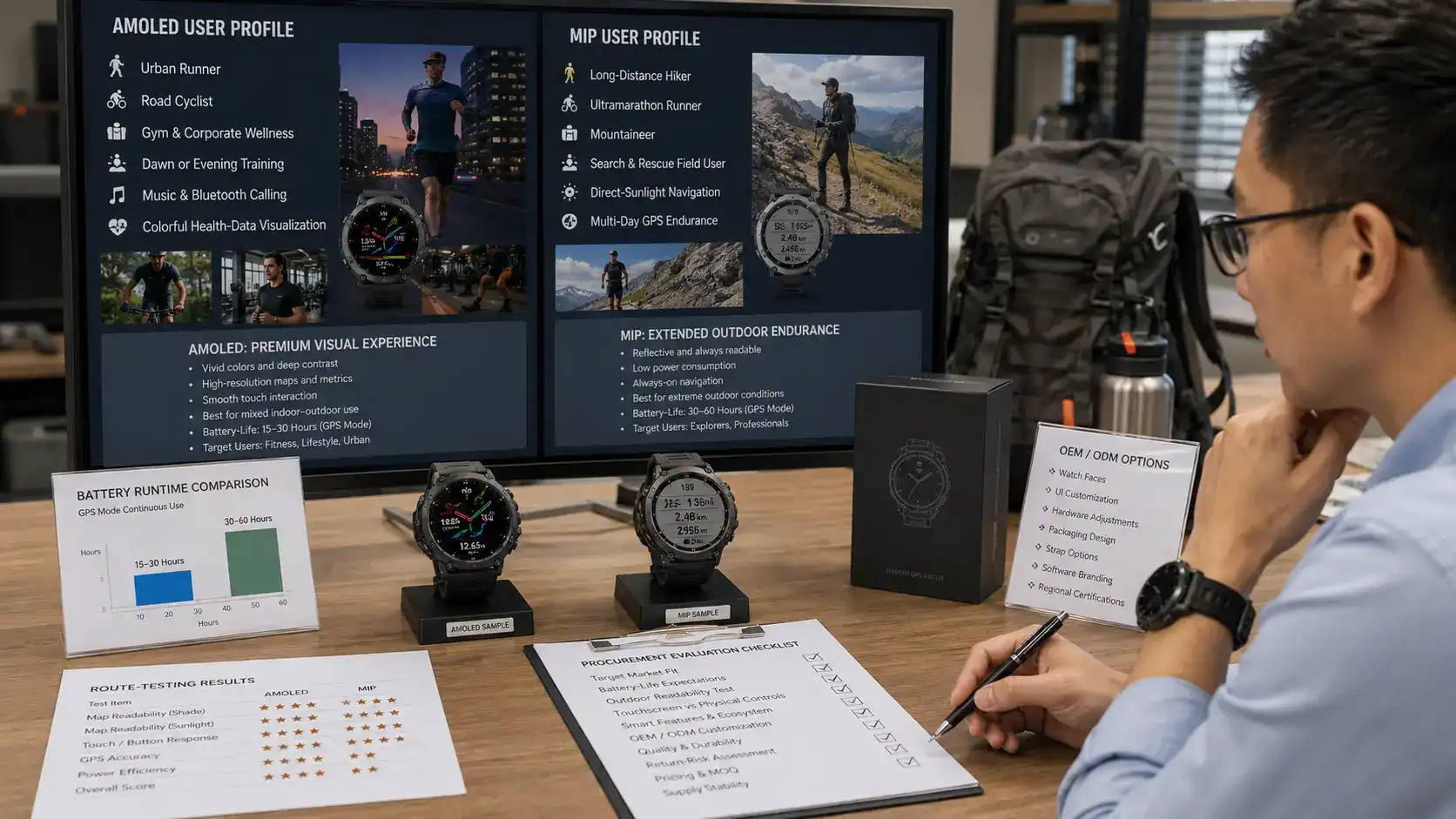 Buyer comparing AMOLED and MIP GPS watches. Buyer comparing AMOLED and MIP GPS watches.