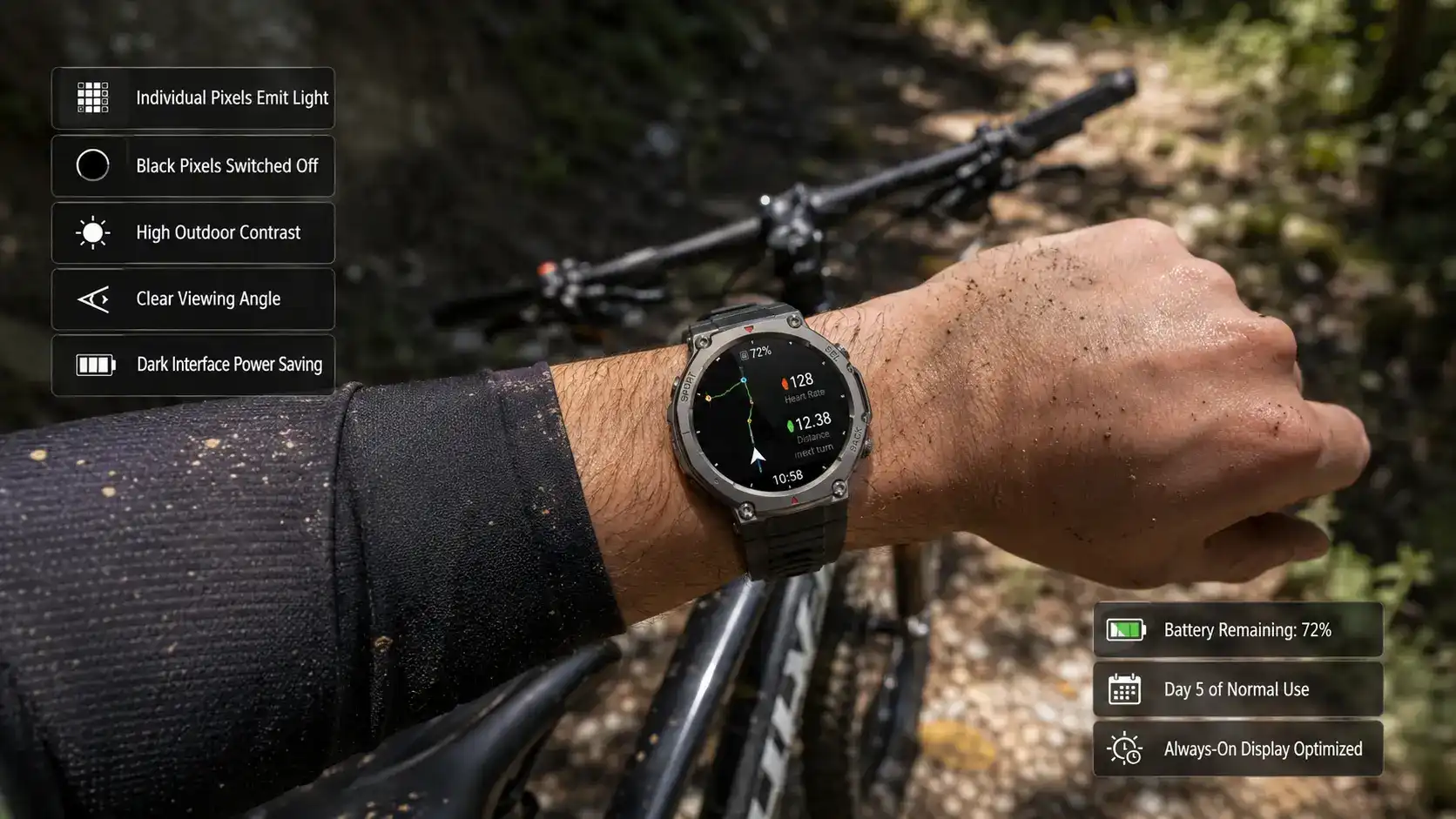 AMOLED smartwatch readable in bright outdoor light.