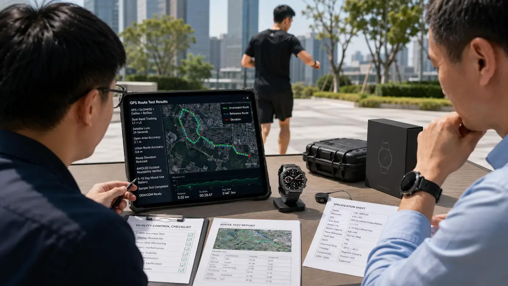AMOLED GPS smartwatch undergoing route accuracy testing. AMOLED GPS smartwatch undergoing route accuracy testing.
