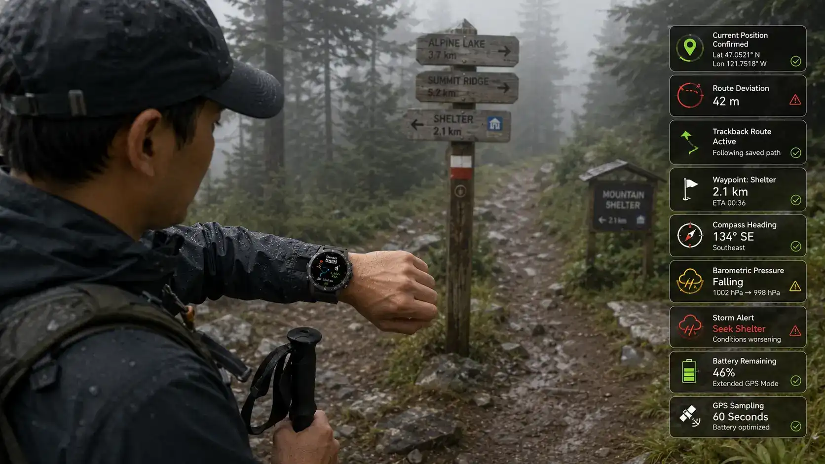 Hiker using GPS trackback during changing weather.