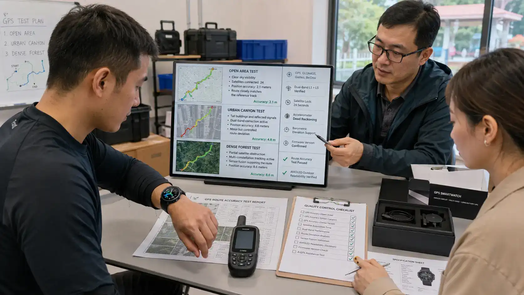 Buyer comparing AMOLED and MIP GPS watches.