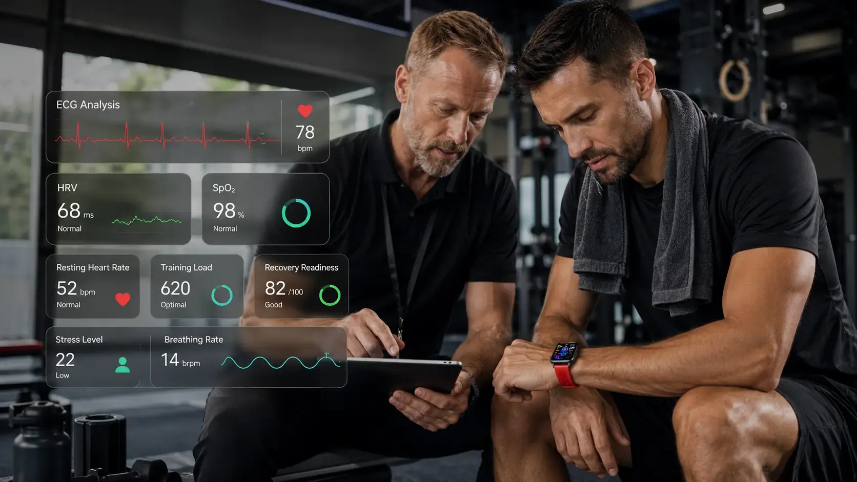 Coach analyzing ECG smartwatch recovery metrics.