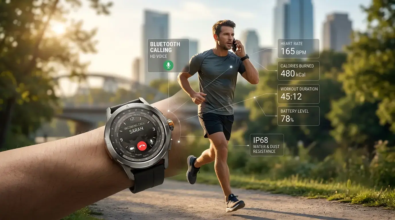 Athlete making hands-free calls with smartwatch.