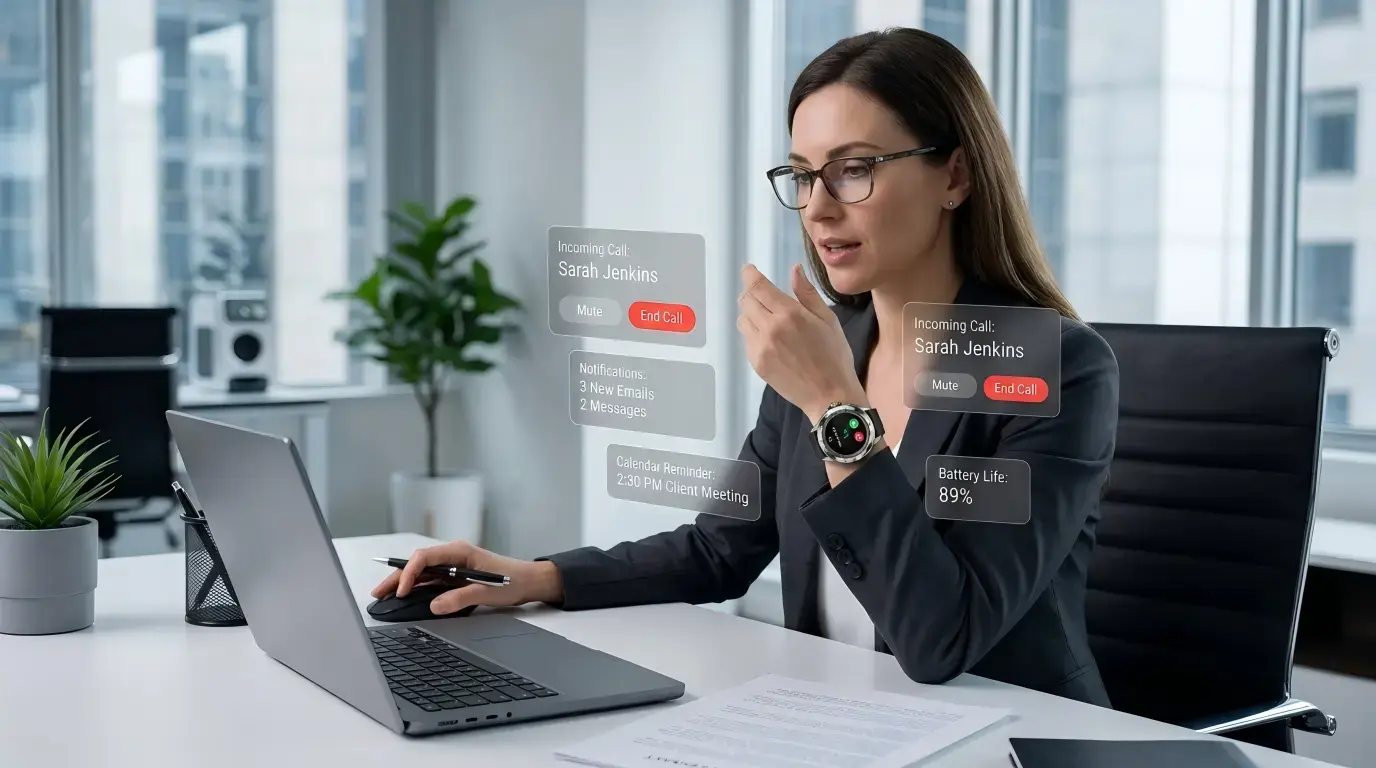 Professional managing calls with smartwatch in office.