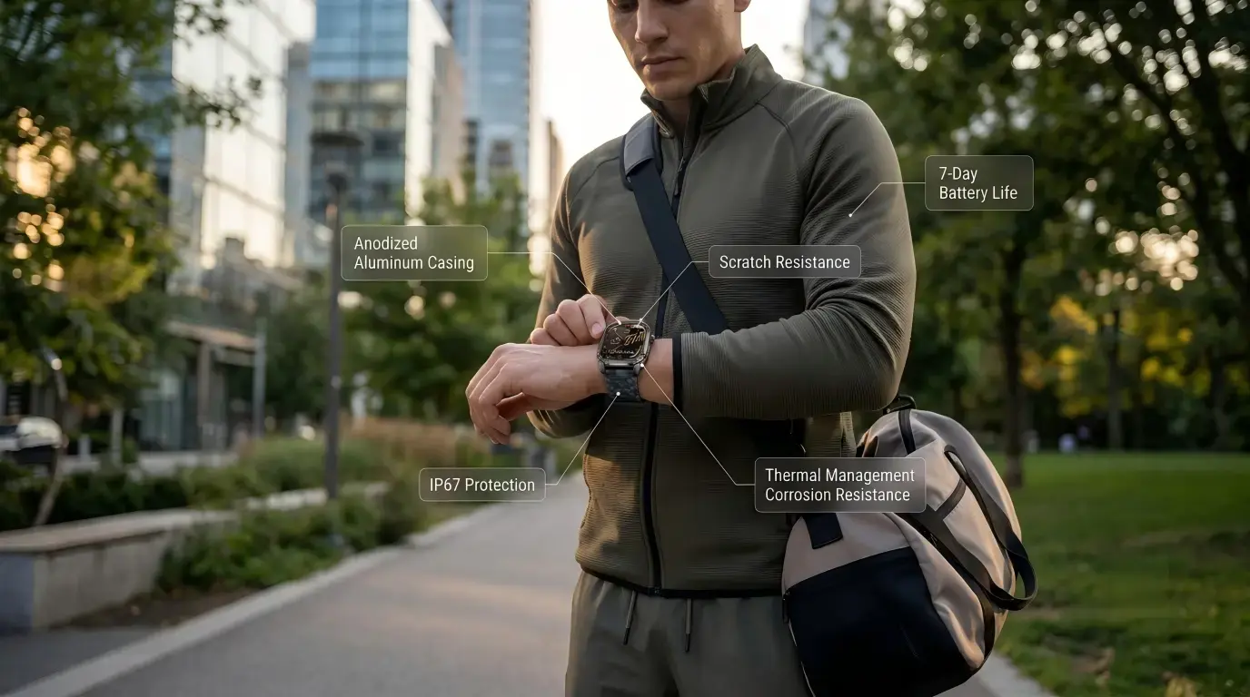 Professional wearing lightweight aluminum smartwatch. Professional wearing lightweight aluminum smartwatch.