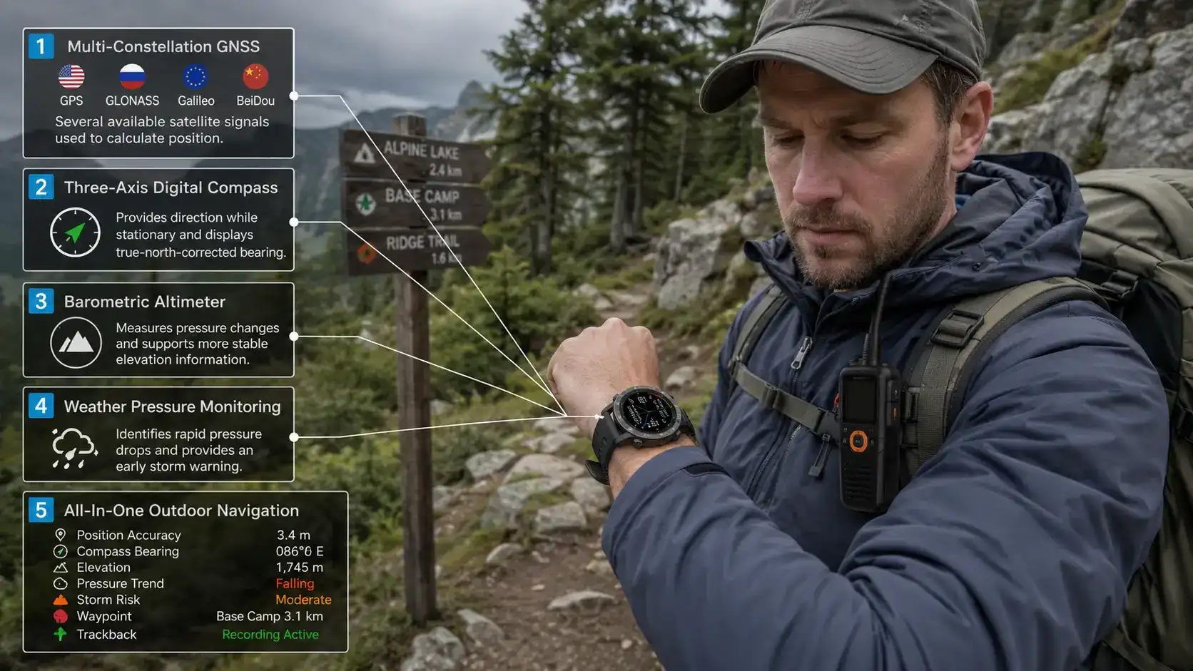 Rugged smartwatch combining GPS compass and altimeter.