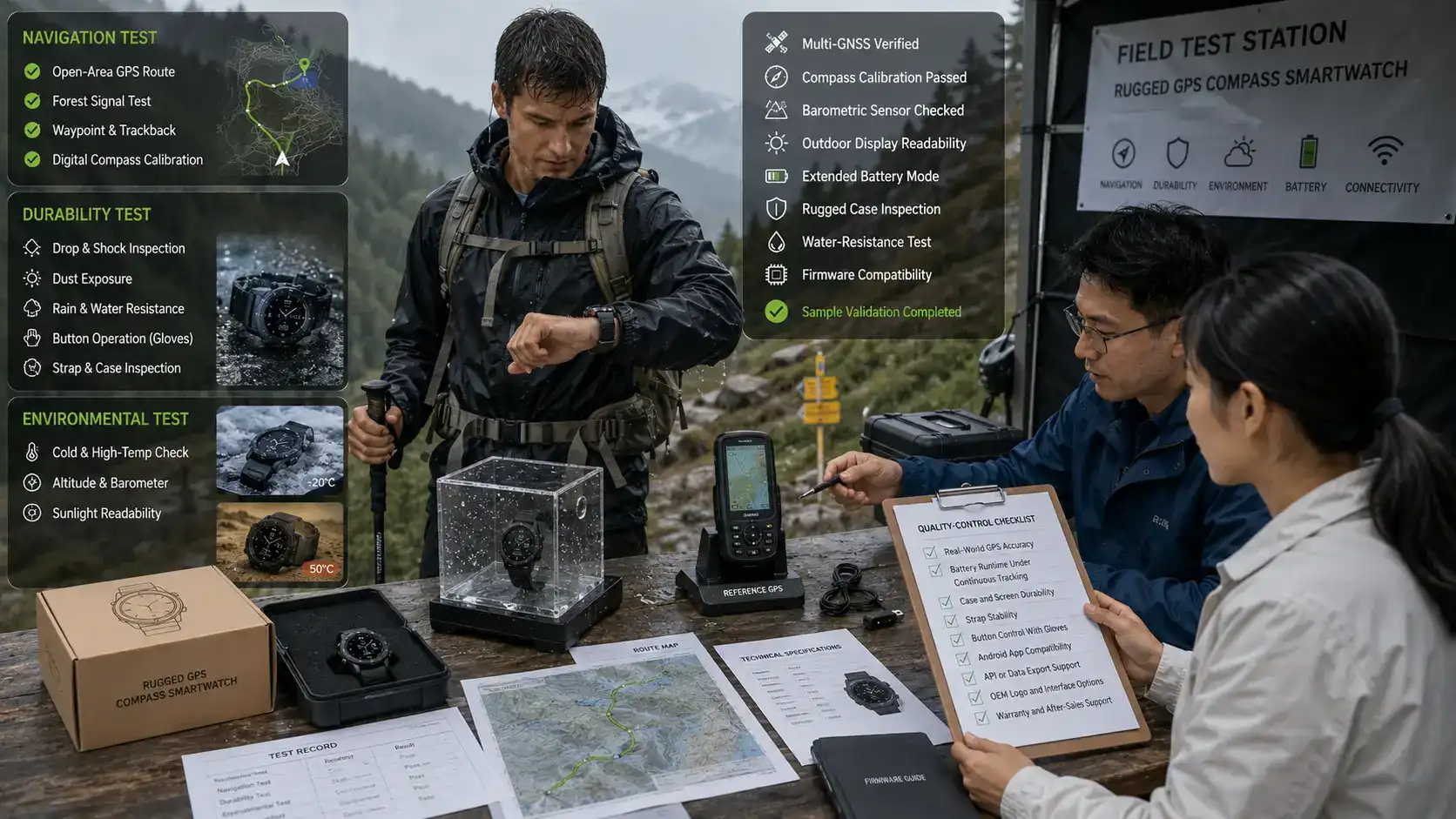 Rugged GPS smartwatch undergoing field validation.
