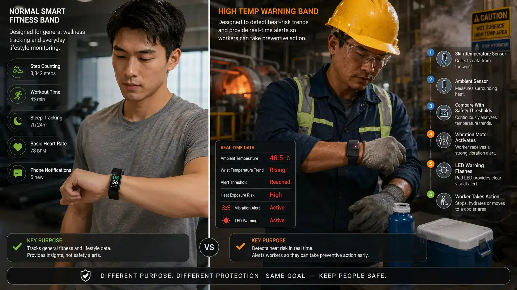 Temperature safety band and fitness tracker functions compared. Temperature safety band and fitness tracker functions compared.
