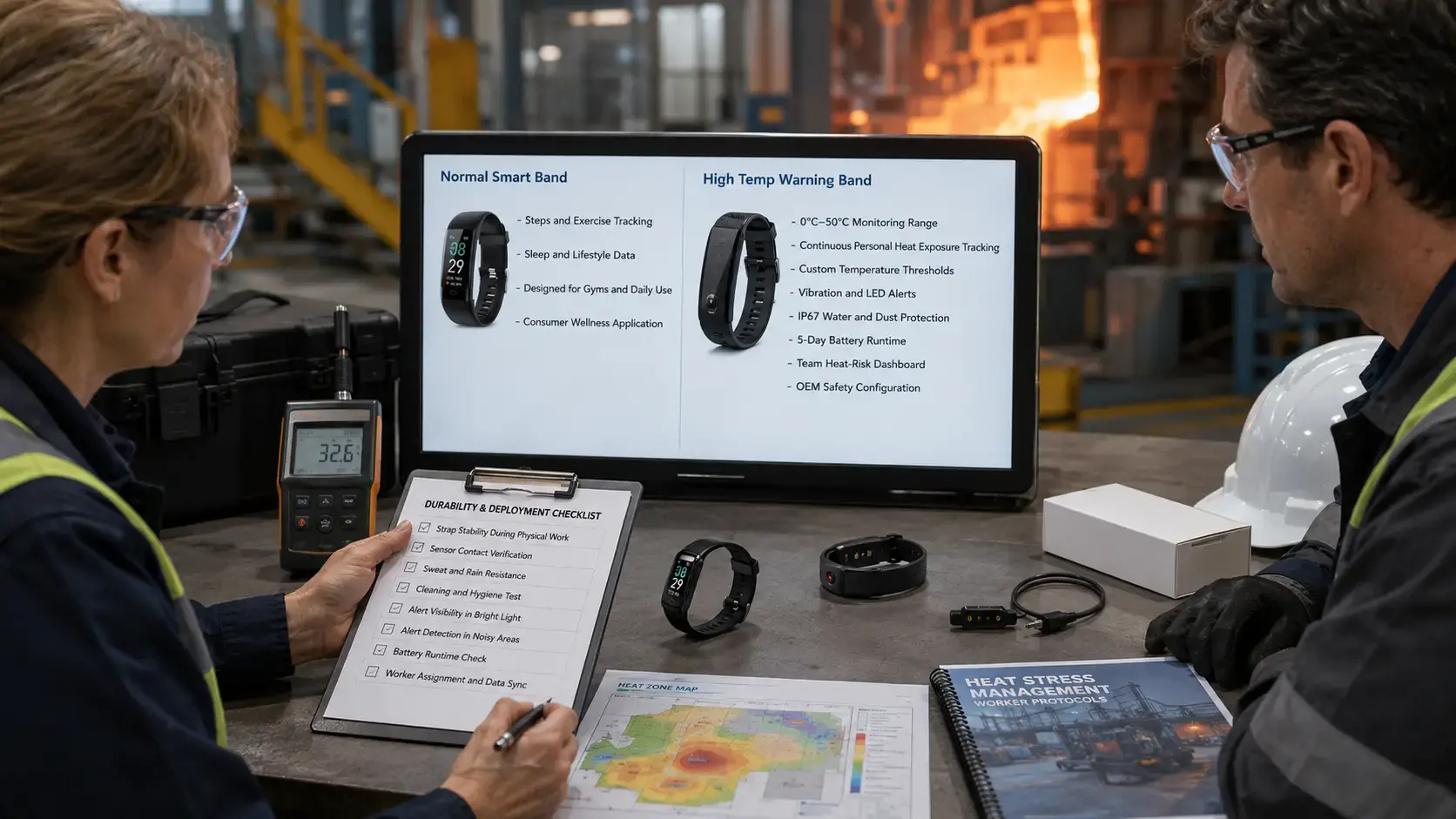 Buyer comparing industrial heat band and smart band. Buyer comparing industrial heat band and smart band.