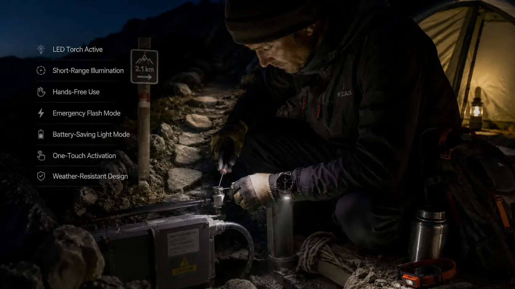 Smartwatch flashlight supporting outdoor night activities. Smartwatch flashlight supporting outdoor night activities.