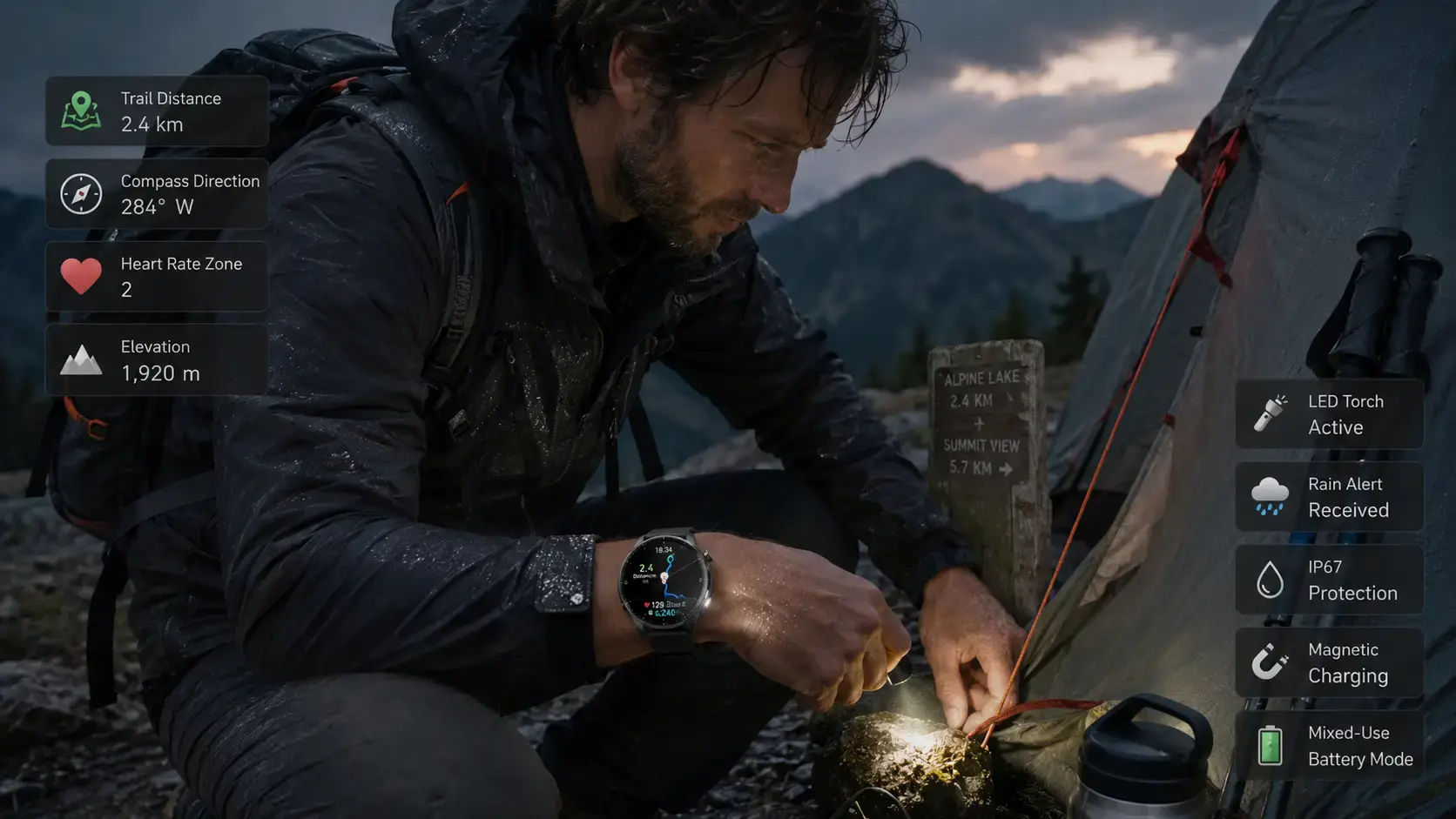 Outdoor smartwatch supporting hiking and camping activities. Outdoor smartwatch supporting hiking and camping activities.