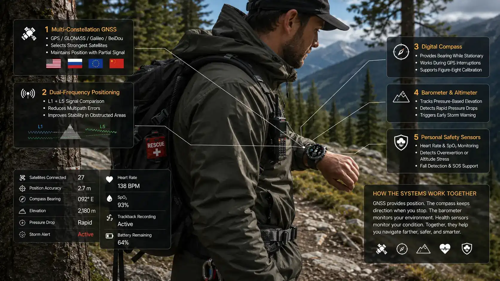Rugged smartwatch combining GNSS compass and safety sensors. Rugged smartwatch combining GNSS compass and safety sensors.
