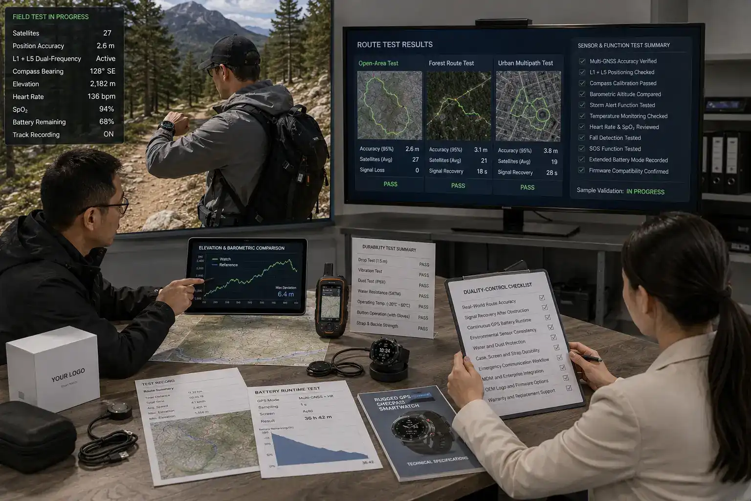 Rugged GPS smartwatch undergoing field deployment testing.