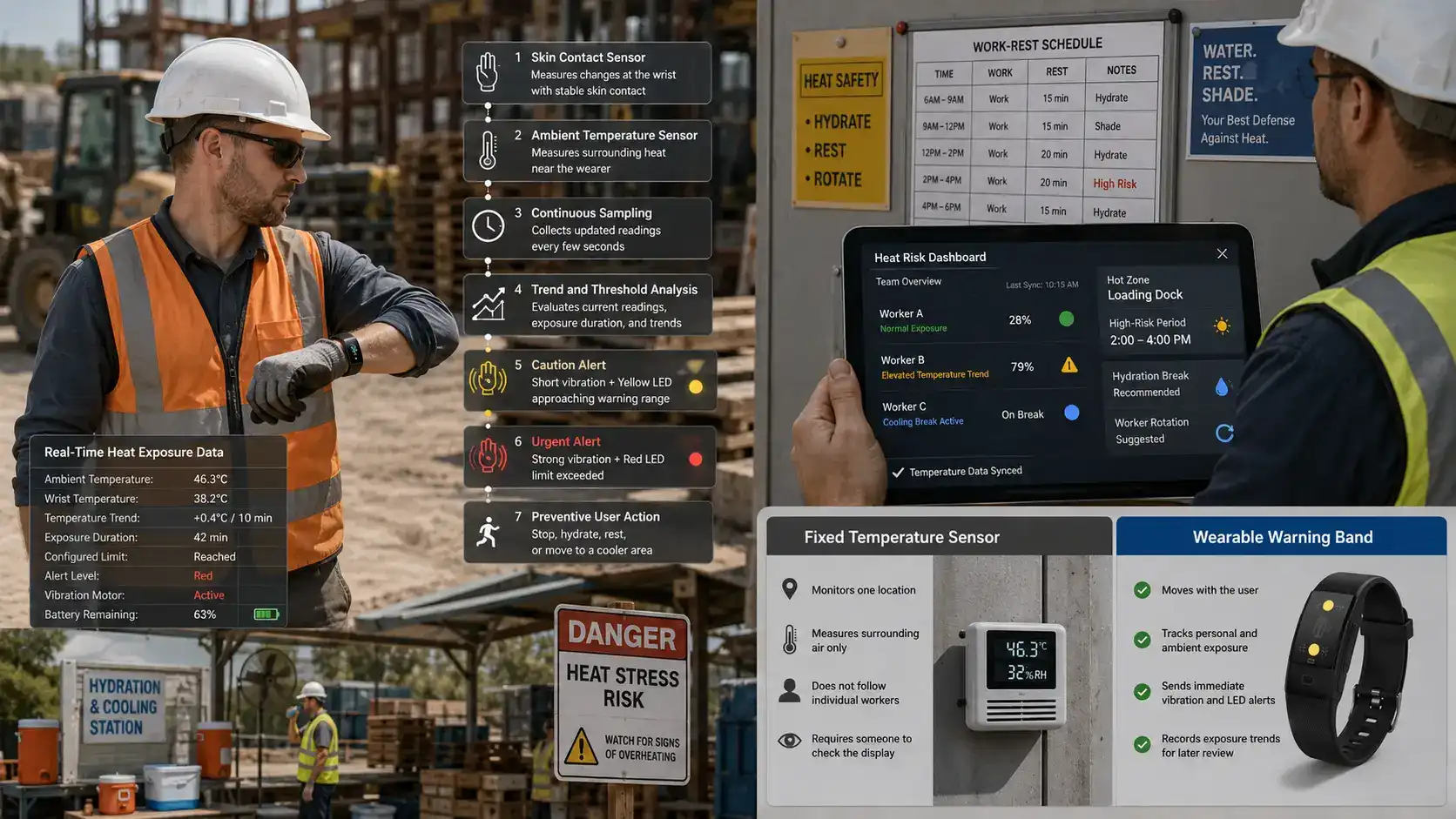 Wearable heat alerts supporting team safety management. Wearable heat alerts supporting team safety management.