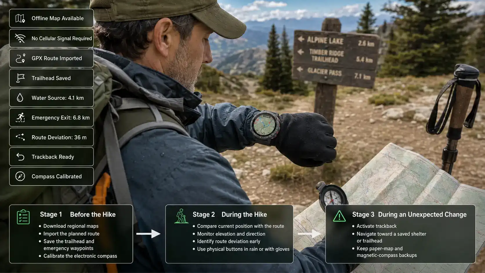 Hiker using offline maps and GPS trackback.