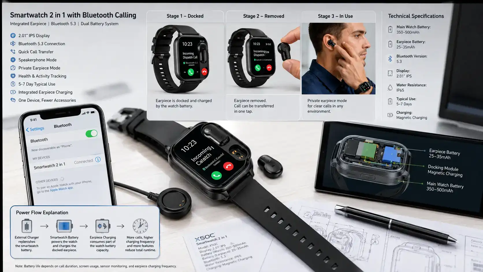 Smartwatch earpiece docking and charging system. Smartwatch earpiece docking and charging system.