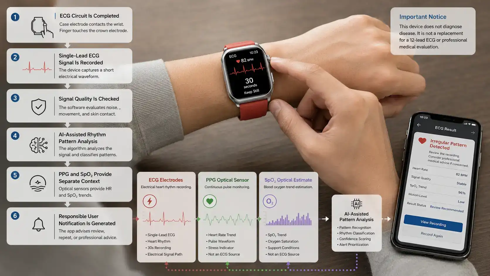ECG smartwatch sensor and AI analysis workflow.